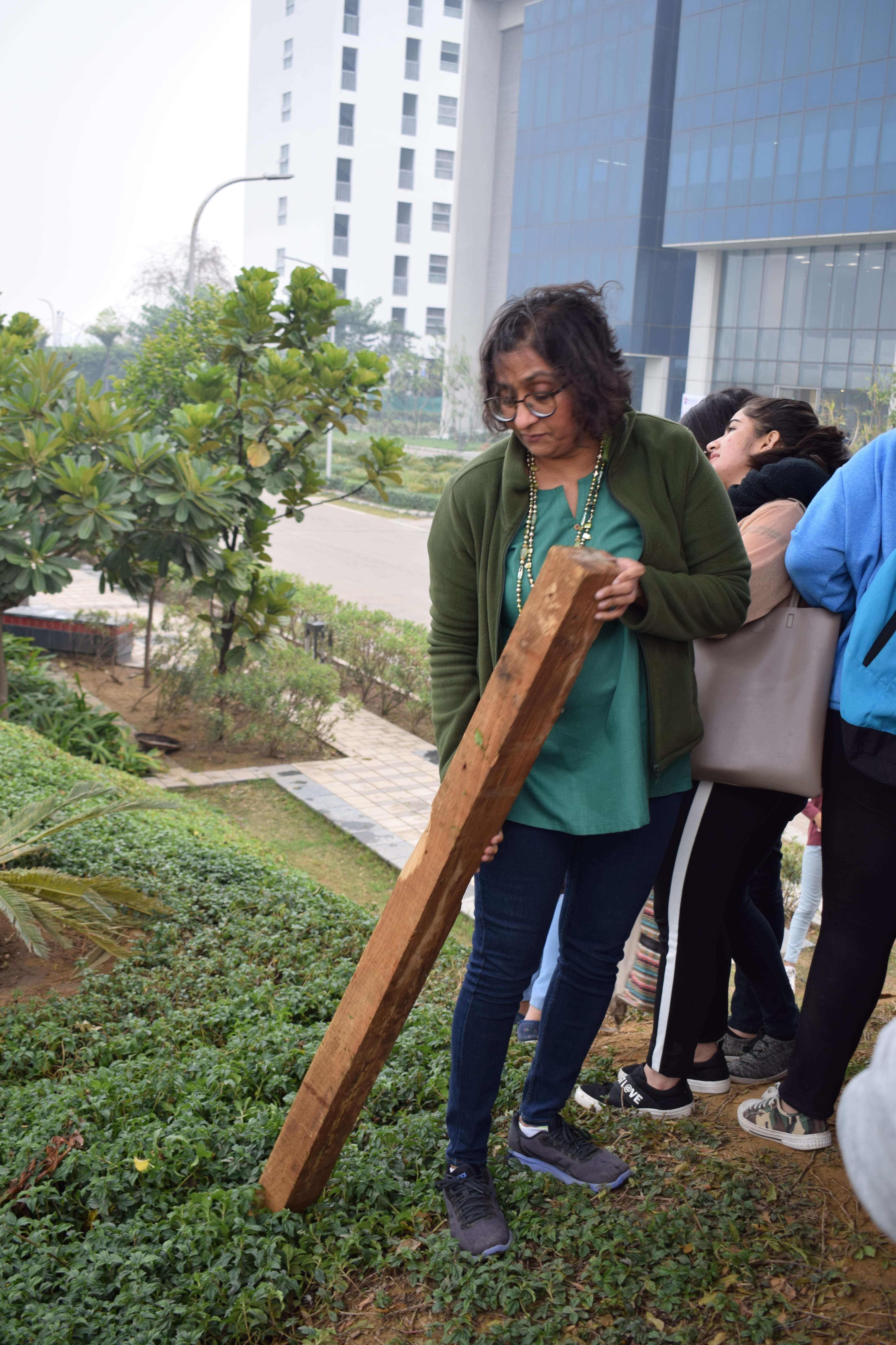 Associate Professor Vidya Deshpande led a group of enthusiastic BAJMC students to create a chaupal in Bennett University, using recycled material on Thursday